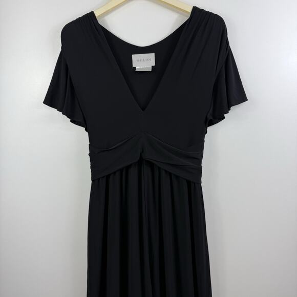 Anthropologie Bhldn Black Maxi Dress Size 18 Flutter Sleeve Tie Belt Stretch - Picture 2 of 15